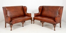 Pair Queen Anne Settee Sofa Leather Arm Chairs