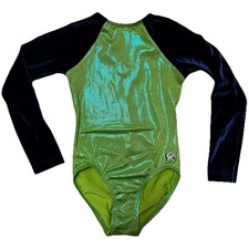 GK ELITE Gymnastics LEOTARD Green Shimmer Blue Velvet Long Sleeve Youth Small