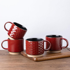 Set of 4 Stackable Ceramic Coffee Mugs 350Ml - Textured Modern Cups for Tea/Latt