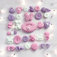 32 Edible Pink Lilac Girl Baby Shower Fondant Sugar Cup Cake Toppers Decorations