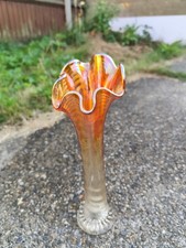 Orange Vtg Imperial Glass Iredescent Ribbed Ripple Carnival Glass Vase 29cm Tall