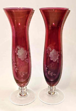 pair Cranberry Etched Glass Bud Vases Clear Glass Pedestal Base 9"