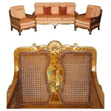 1920'S WALNUT & CHINOISERIE 3 PIECE BERGERE SOFA ARMCHAIR SUITE FOR RESTORATION