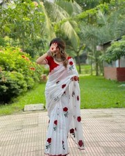 New Chandari cotton red rose embroidery saree indian designer wedding wear sari