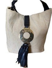 River Island Beige Canvas Shoulder Bag Tassel Gold Metal Logo Detail 