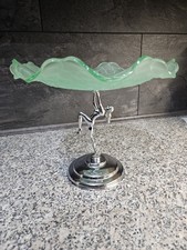 Vintage Art Deco Chromed Lady Figurine With Uranium Bowl Plate Cake Stand