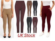 Womens Ladies Check Trousers Elasticated Waist Stretch Fit Patterned Sizes 8-18 