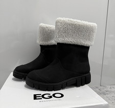 Women’s Black Faux Leather Ankle Boots Sherpa Fur Trim Chunky Sole Narrow Fit