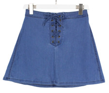 GUESS Skirt Women's W28 Stretchy Drawstring Denim Look Blue Fade Effect
