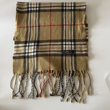 Vintage Burberry 100% Lambswool Checked Scarf, Tan Beige Black & Red Nova Check