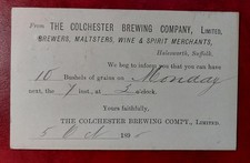 1895 COLCHESTER BREWING Co Halesworth Suffolk GPO POSTCARD Order BREWERS Gooch