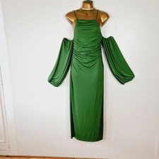 Zara Green Ruched Square Neck Cold Shoulder Long Sleeve Maxi Dress UK 6-8 Mex28