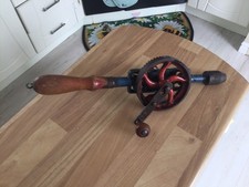Antique Vintage Old SW hand drill used works Red wooden handle