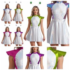 Women Space Alien Costume Outer Space Cadet Cosplay Outfits Dress with Hairhoop