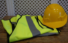 Safety helmet/ Hard hat NEW + 2 x fluorescent warning vests USED polyester