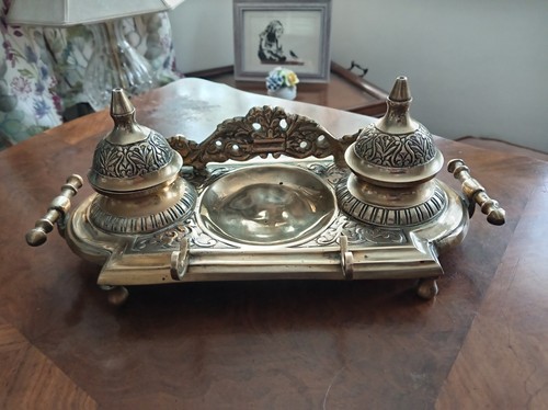 Vintage brass inkwell and pen - and,