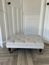 Deep Buttoned Footstool In Oyster Eco Velvet With Oak Turned Castor Feet