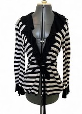 Anne Fontaine Mourane Black White Stripe Double Zip Cardigan Fr40/uk12 Ruffle