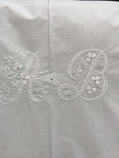 Vintage French Linen White Cotton Embroidered Bedspread Monogram “R B” 82”x95”