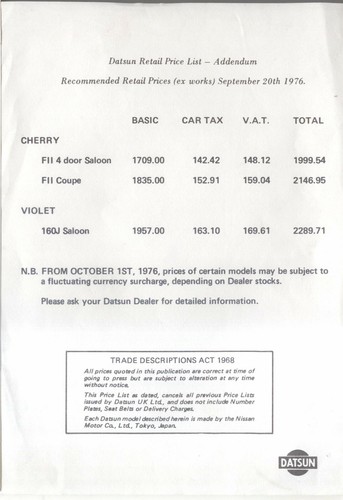 Datsun price list 1976 - list,