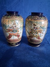 Japannese Satsuma Vases Samurai Warrior Cobalt Blue,gold,Cream Embossed