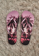Sunset palm tree Flip Flops - UK Size 6, EU Size 39 - Black and purple/pink