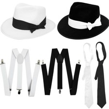 MENS GANGSTER HAT TIE BRACES 1920'S SET FELT TRILBY MAFIA PIMP FANCY DRESS LOT