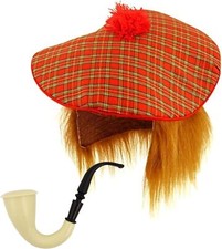 Mens SCOTTISH COSTUME Scotsman Tartan Hat Kilt Hair Burns Night Fancy Dress UK
