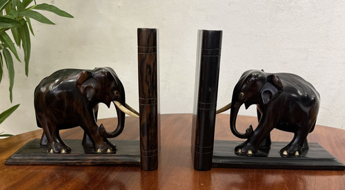 Hand carved elephant book ends - hand-carved,