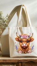 Floral Highland Cow Tote Bag -Highland Cow Themed Gift -Highland Cow - Cow Bag