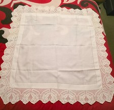 Vintage Hand Crocheted Lace Tablecloth, White Linen, 43" x 43" Square, Ivy Leaf