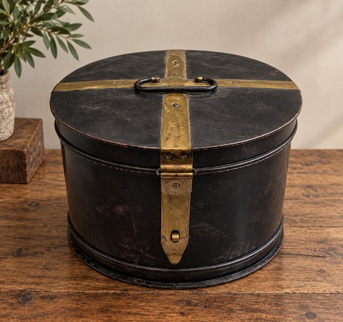 Antique japanned metal hat - antique, box