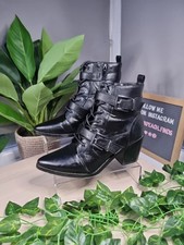 New Look Black Leather Lace Up Buckle Strap Western Heel Pointed Boots - Sz 4 