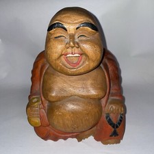 VTG Hand Carved & Painted Hardwood Laughing Buddha Statue 19.5x14x11.5cm 1.1kg