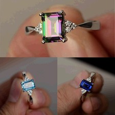 Women Silver Gift square diamond Engagement Ring Seven-color gemstone Sz6-10