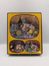 Vintage Metal Cork Placemats & Coasters Still Life Set Boxed Vgc Retro Mcm 1960s