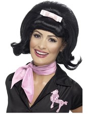 Smiffys 50s Flicked Beehive Bob, Black, 1950s Dress Up Wigs