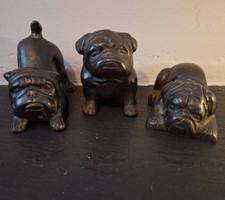 Set of 3 Bronze Bulldog Figurines – Vintage Cast Metal Dog Statues 1970s Decor