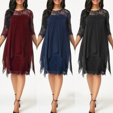 Plus Size Ladies Women's Short Sleeve Chiffon LACE Party Evening Layered Dress