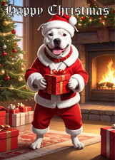 WHITE STAFFIE CHRISTMAS CARD WITH A STAFFORDSHIRE BULL TERRIER IN A SANTA SUIT