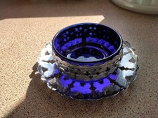 Vintage Cobalt Blue Glass Stainless Steel Sugar /jam Bowl