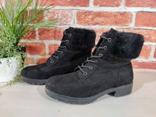 LANDROVER BLACK ANKLE BOOTS UK 7 EU 40 FAUX SUEDE FUR TRIM LACE UP WOMENS WINTER