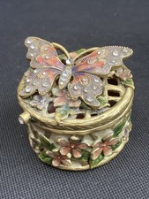 Monsoon Metal Butterfly Trinket Jewellery Box Round Heavy Gold Pink Diamonte