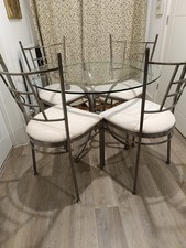 Glass And Metal Dining Table With Four Chairs - Round 96cm Across