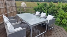 Rattan Garden Dining Set 6 Seater Outdoor Table and Chairs with White  Cushions