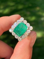 Platinum 4ct natural Emerald 1.5ct princess & round cut diamond Cluster Ring