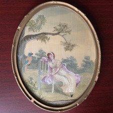 Antique Framed Silkwork Needlework A Lady With Her Pet Parrot Hand Embroidered 