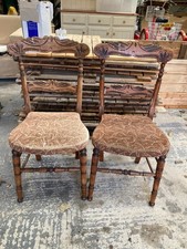 Vintage Antique Ornate Brown Wooden Bedroom Chairs x 2 with Brocade Fabric Seat