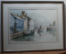 Polperro Harbour CORNWALL - Framed Coastal Watercolour Painting by Sam Burden
