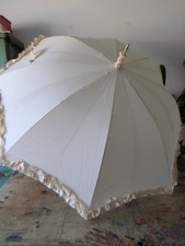 VTG Cream Ruffle Umbrella White Ruffled Parasol Nylon Wood Handle Frilly Prop 